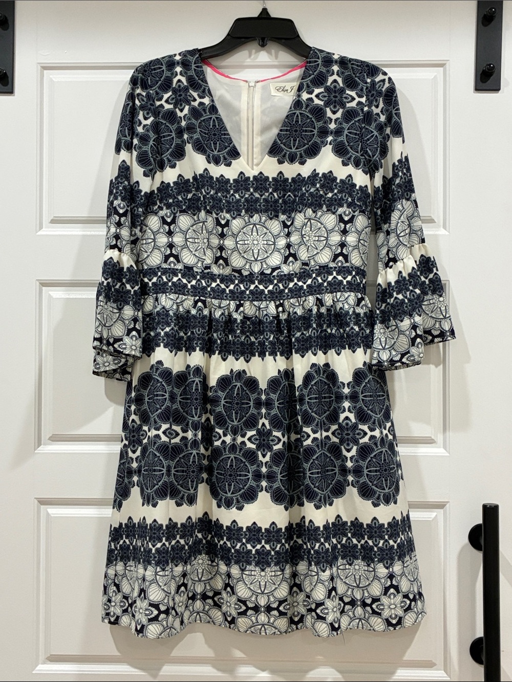 Eliza J Navy and White Printed V-Neck Dress